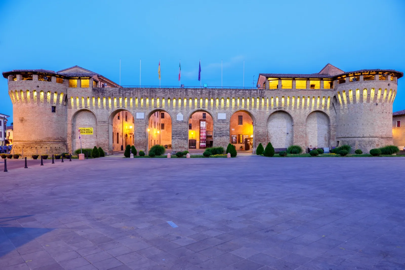 The bulk of the Rocca Albornoziana of Forlimpopoli seen from Piazza Fratti